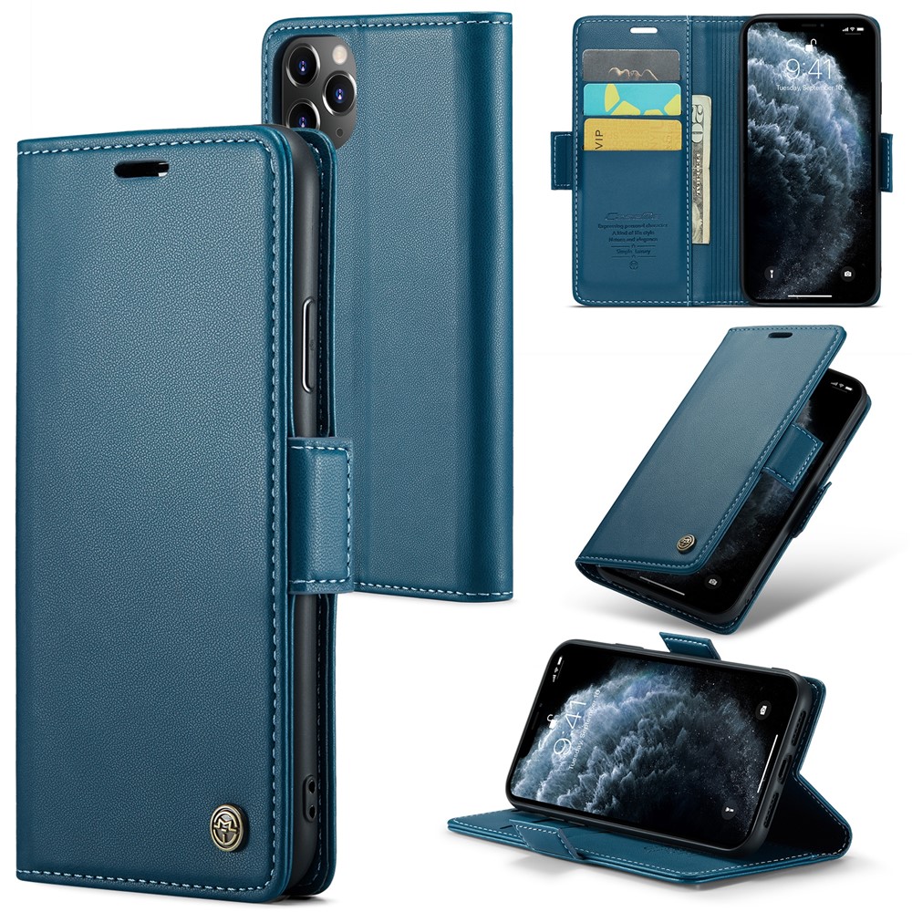 For iPhone 11 Pro Max Leather Case CASEME 023 RFID Blocking 3 Card Slot Mobile Cover - Blue