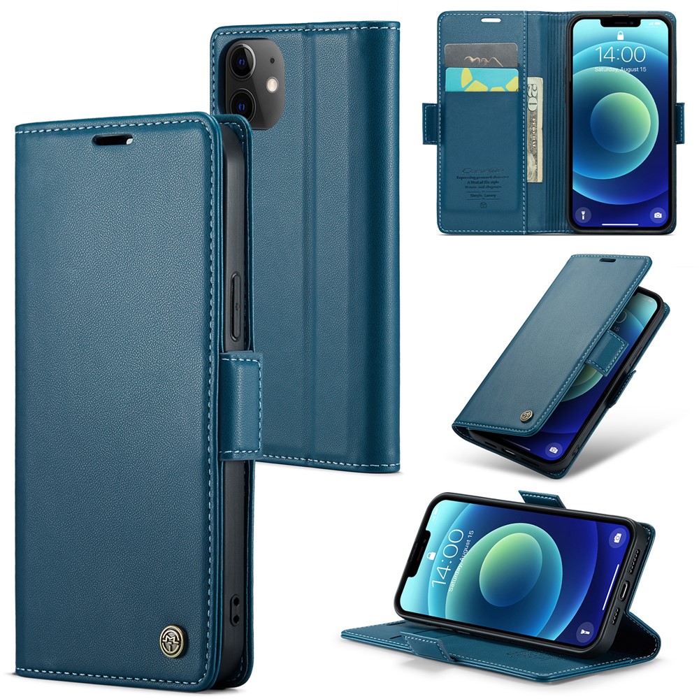 CASEME 023 Series Stand Wallet Case for iPhone 12 mini , RFID Blocking Litchi Texture Leather Phone Cover - Blue