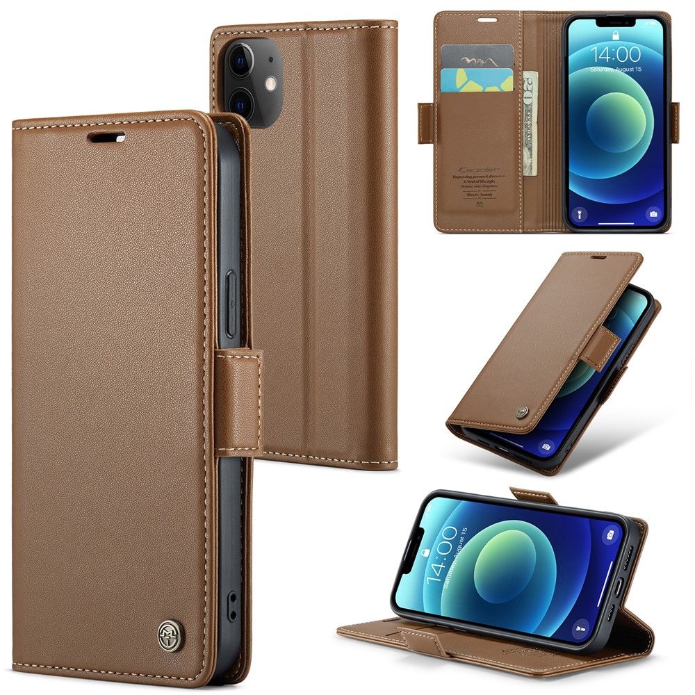 CASEME 023 Series Stand Wallet Case for iPhone 12 mini , RFID Blocking Litchi Texture Leather Phone Cover - Brown