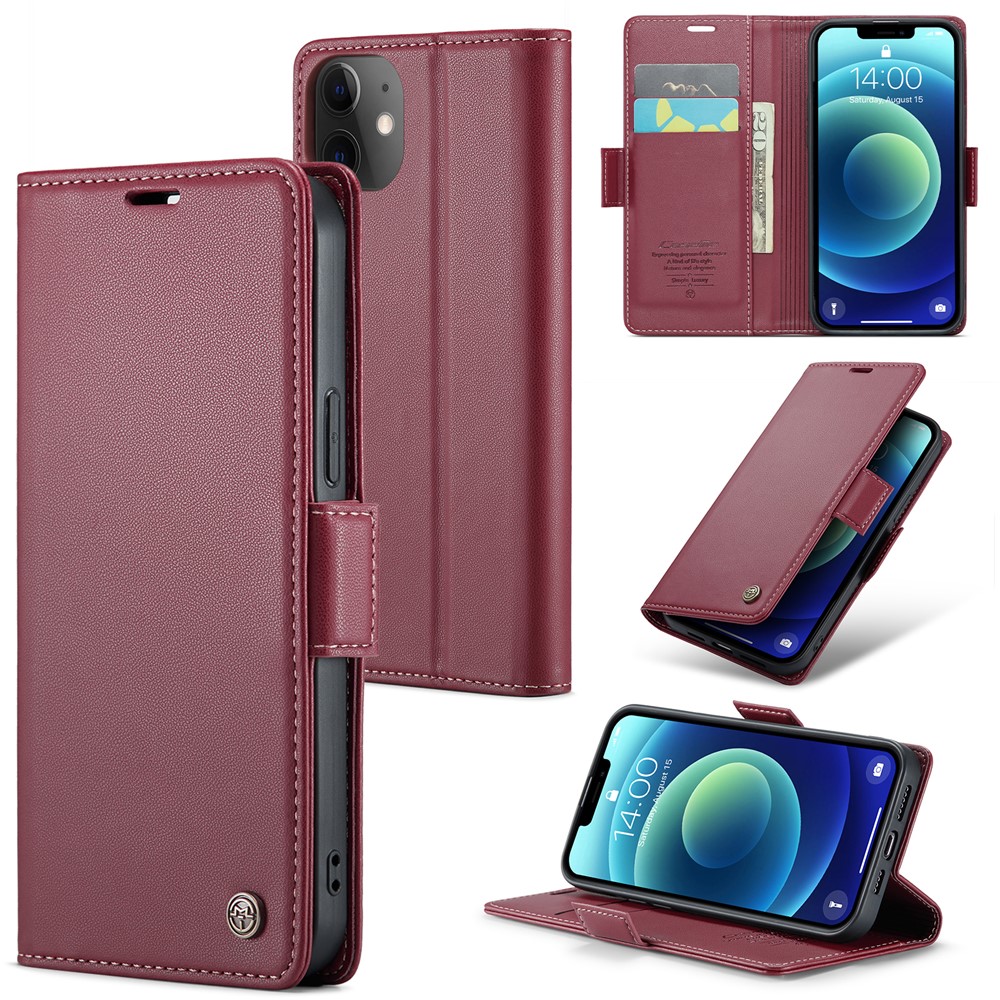 CASEME 023 Series Stand Wallet Case for iPhone 12 mini , RFID Blocking Litchi Texture Leather Phone Cover - Red