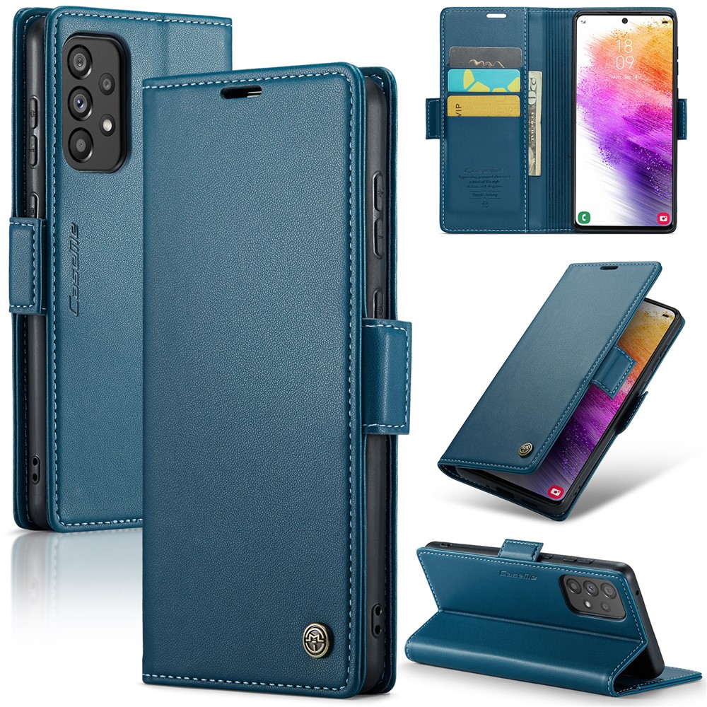 For Samsung Galaxy A73 5G Leather Case CASEME 023 RFID Blocking 3 Card Slot Mobile Cover - Blue