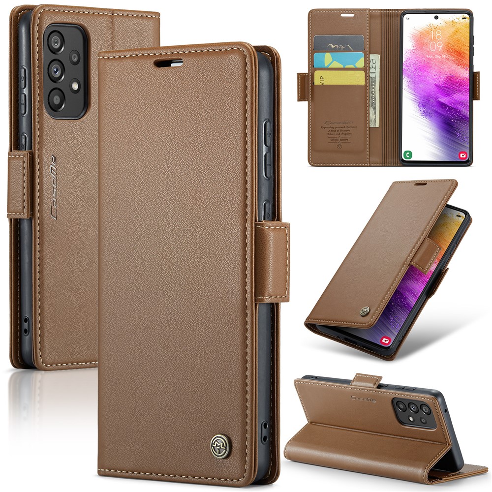 For Samsung Galaxy A73 5G Leather Case CASEME 023 RFID Blocking 3 Card Slot Mobile Cover - Brown