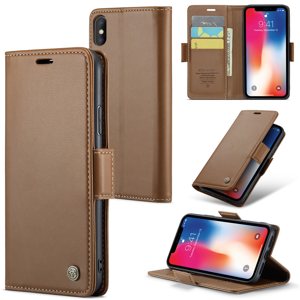 For iPhone XS Max Leather Case CASEME 023 RFID Blocking 3 Card Slot Mobile Cover - Brown