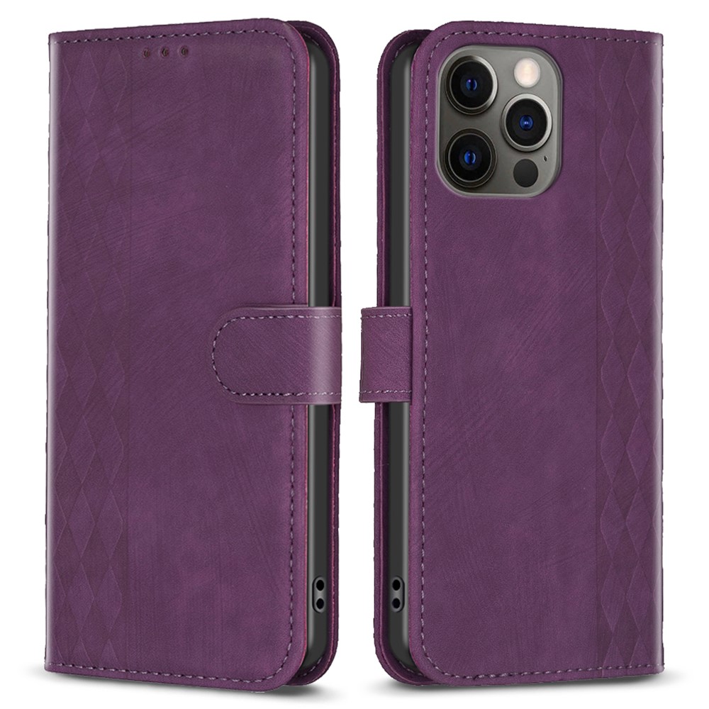 For iPhone 12 / 12 Pro 6.1 inch Magnetic Clasp Imprinting Grid Pattern Stand Cover Phone Wallet Case - Purple