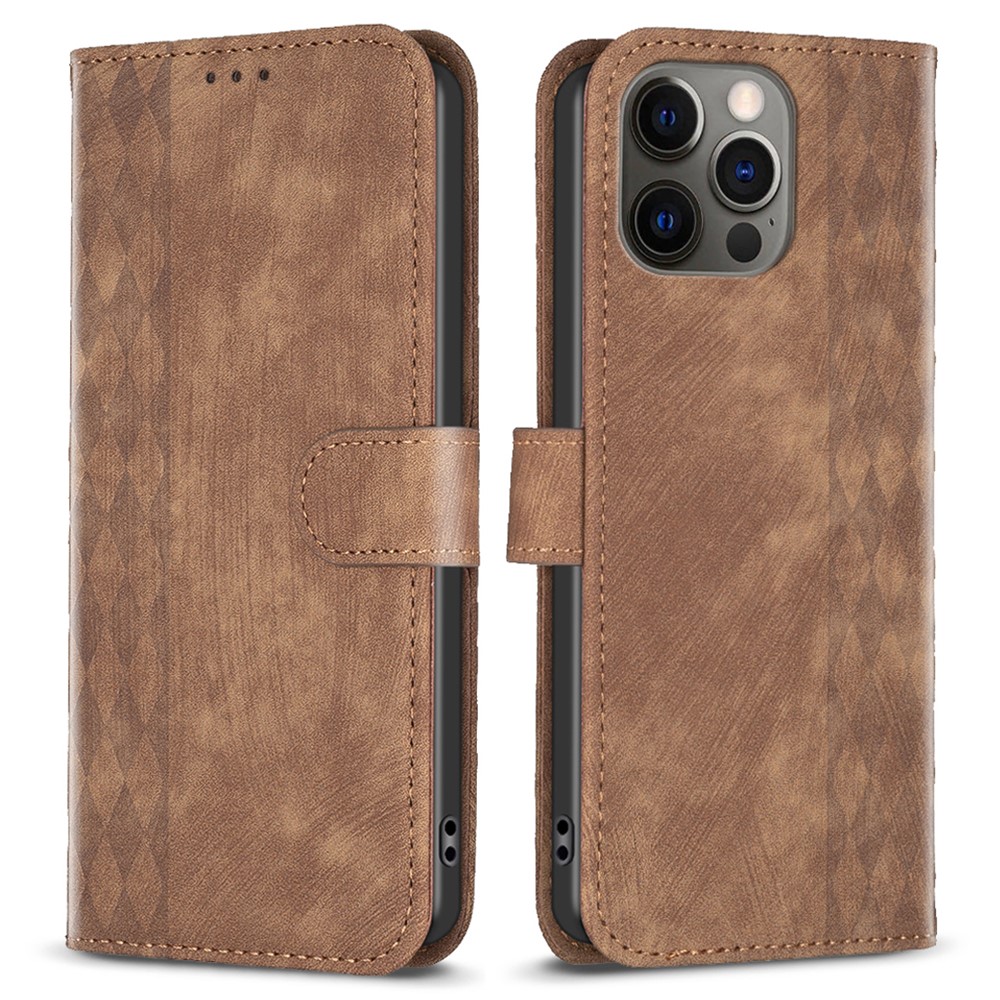 For iPhone 12 / 12 Pro 6.1 inch Magnetic Clasp Imprinting Grid Pattern Stand Cover Phone Wallet Case - Brown