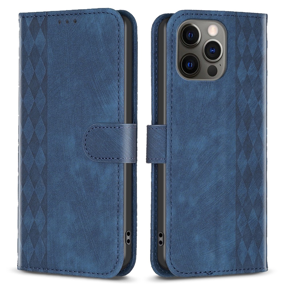 For iPhone 12 / 12 Pro 6.1 inch Magnetic Clasp Imprinting Grid Pattern Stand Cover Phone Wallet Case - Blue
