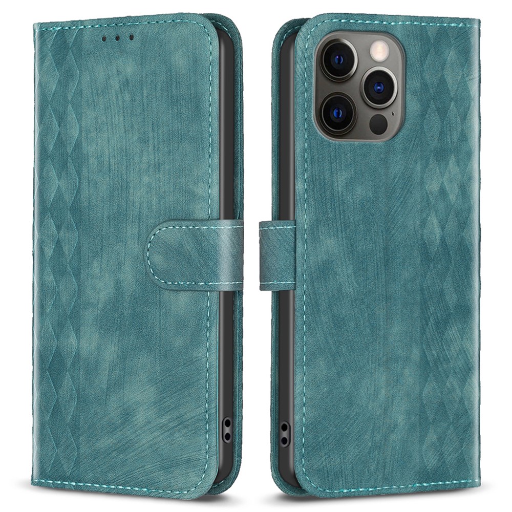 For iPhone 12 / 12 Pro 6.1 inch Magnetic Clasp Imprinting Grid Pattern Stand Cover Phone Wallet Case - Green