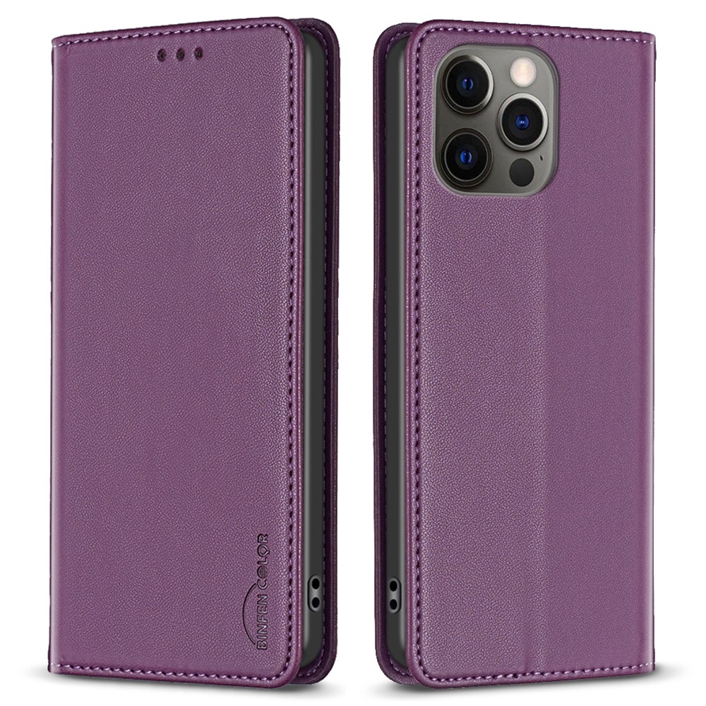 BINFEN COLOR BF18 For iPhone 12 / 12 Pro 6.1 inch PU Leather Phone Case Card Slot Stand Flip Cover - Dark Purple