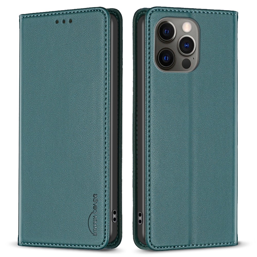 BINFEN COLOR BF18 For iPhone 12 / 12 Pro 6.1 inch PU Leather Phone Case Card Slot Stand Flip Cover - Green