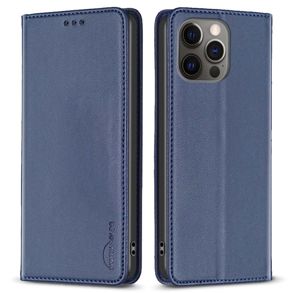 BINFEN COLOR BF18 For iPhone 12 / 12 Pro 6.1 inch PU Leather Phone Case Card Slot Stand Flip Cover - Blue