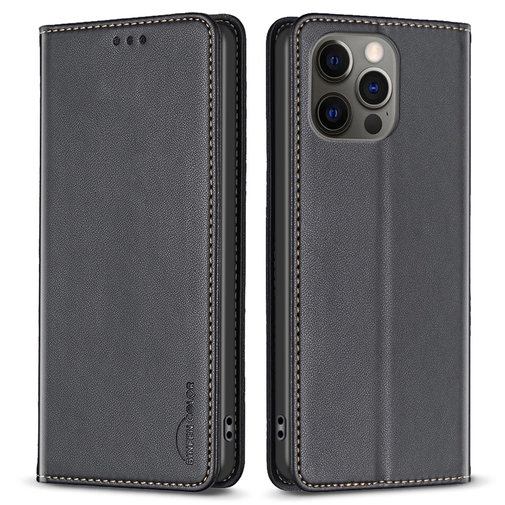 BINFEN COLOR BF18 For iPhone 12 / 12 Pro 6.1 inch PU Leather Phone Case Card Slot Stand Flip Cover - Black
