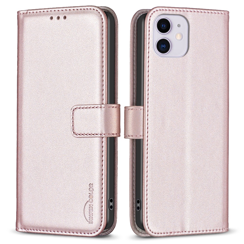 BINFEN COLOR BF17 For iPhone 11 PU Leather Wallet Case Magnetic Folio Flip Stand Phone Cover - Rose Gold