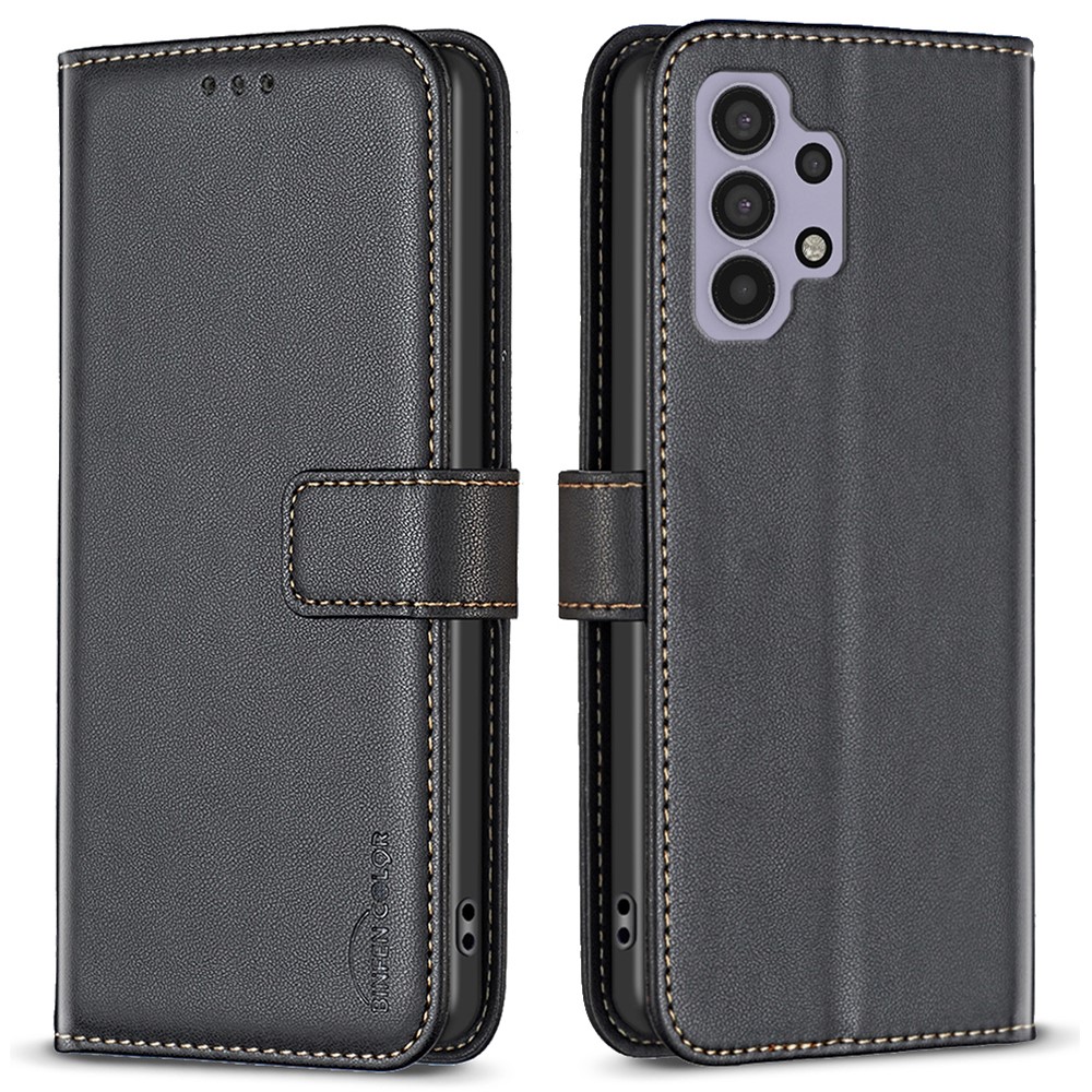 BINFEN COLOR BF17 Leather Case for Samsung Galaxy A32 4G (EU Version) Stand Wallet Cell Phone Cover - Black