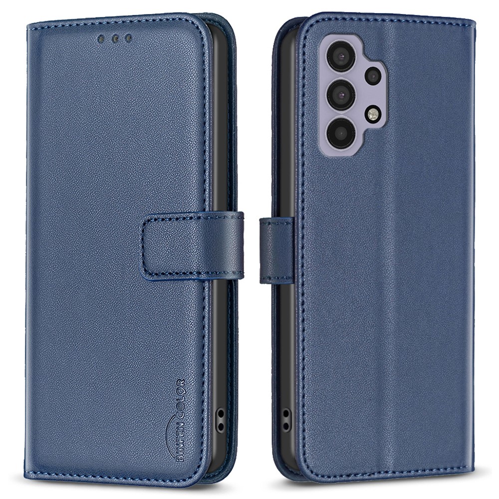 BINFEN COLOR BF17 Leather Case for Samsung Galaxy A32 4G (EU Version) Stand Wallet Cell Phone Cover - Blue