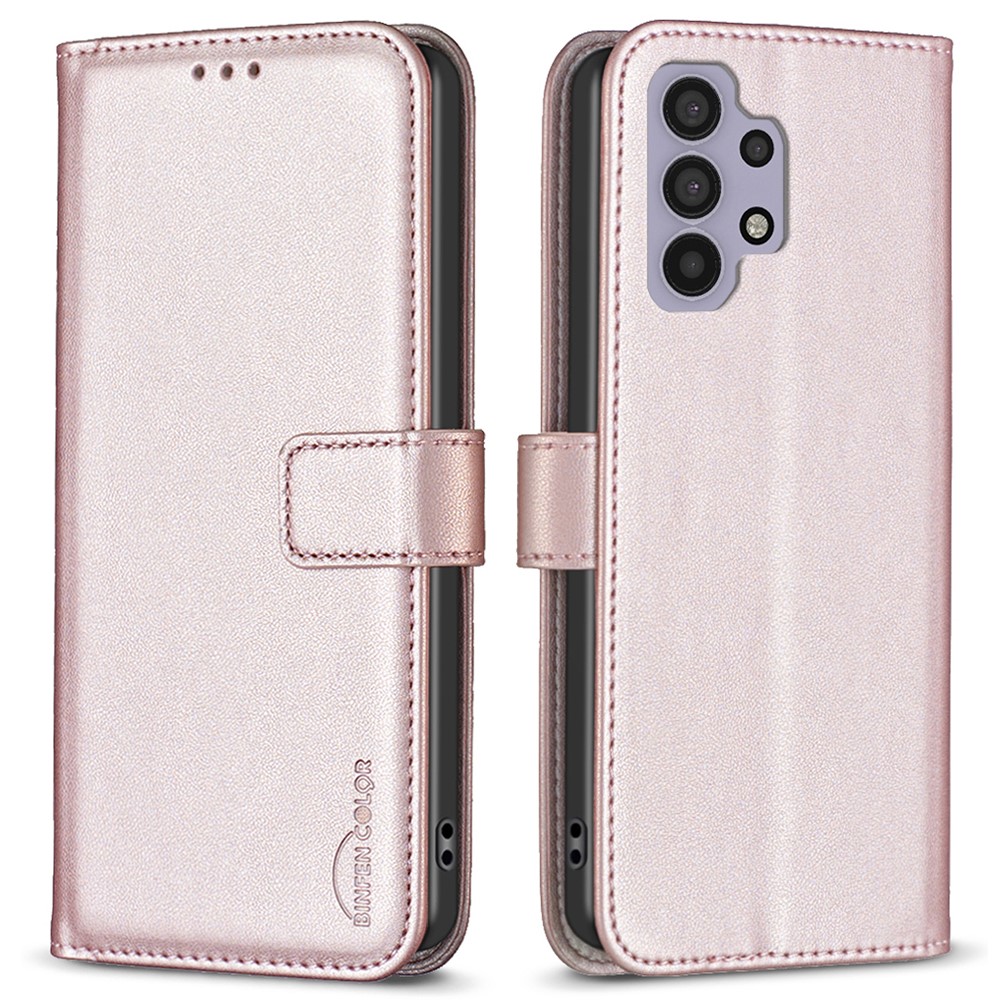 BINFEN COLOR BF17 Leather Case for Samsung Galaxy A32 4G (EU Version) Stand Wallet Cell Phone Cover - Rose Gold