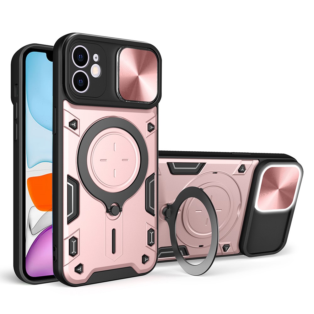For iPhone 11 Slide Camera Lid Anti-drop Cover PC + TPU Phone Case with Rotatable Kickstand - Pink