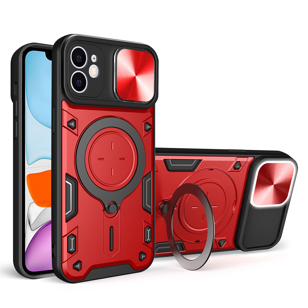For iPhone 11 Slide Camera Lid Anti-drop Cover PC + TPU Phone Case with Rotatable Kickstand - Red