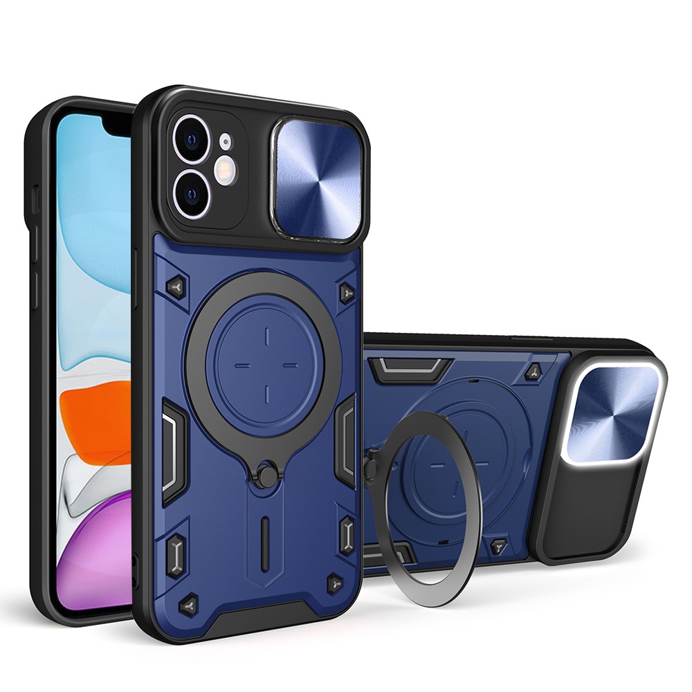 For iPhone 11 Slide Camera Lid Anti-drop Cover PC + TPU Phone Case with Rotatable Kickstand - Blue