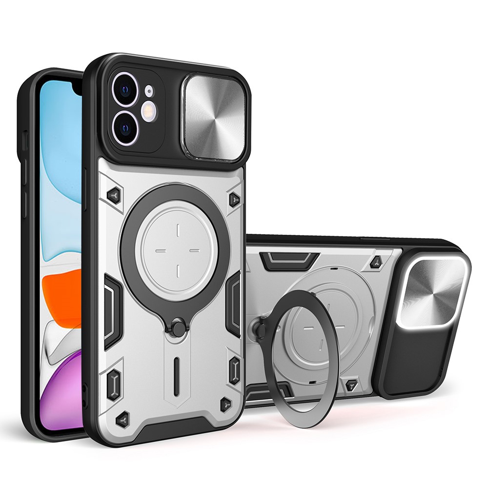 For iPhone 11 Slide Camera Lid Anti-drop Cover PC + TPU Phone Case with Rotatable Kickstand - Silver