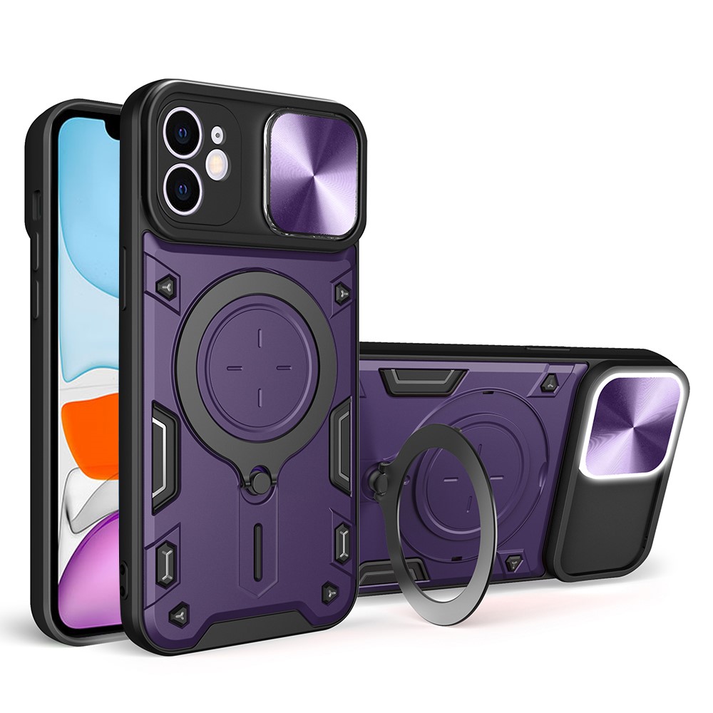 For iPhone 11 Slide Camera Lid Anti-drop Cover PC + TPU Phone Case with Rotatable Kickstand - Purple