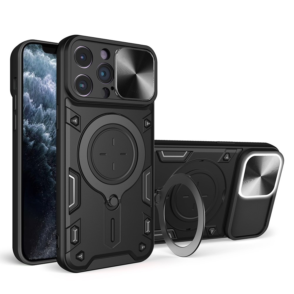 For iPhone 11 Pro Max Slide Camera Lid Drop-proof Cover Rotatable Kickstand PC + TPU Phone Case - Black