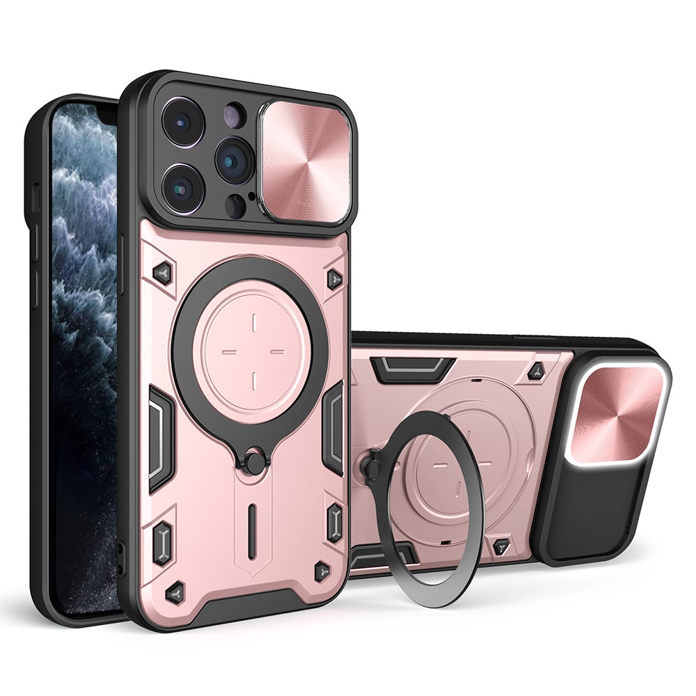 For iPhone 11 Pro Max Slide Camera Lid Drop-proof Cover Rotatable Kickstand PC + TPU Phone Case - Pink