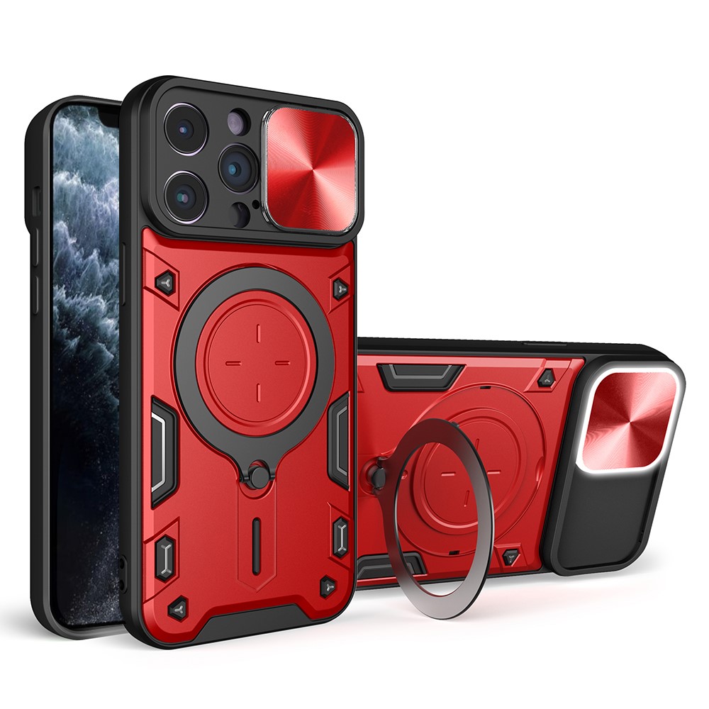 For iPhone 11 Pro Max Slide Camera Lid Drop-proof Cover Rotatable Kickstand PC + TPU Phone Case - Red