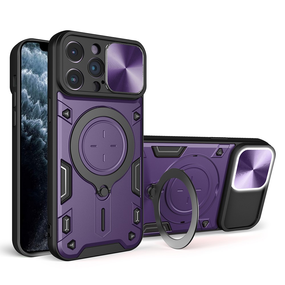 For iPhone 11 Pro Max Slide Camera Lid Drop-proof Cover Rotatable Kickstand PC + TPU Phone Case - Purple