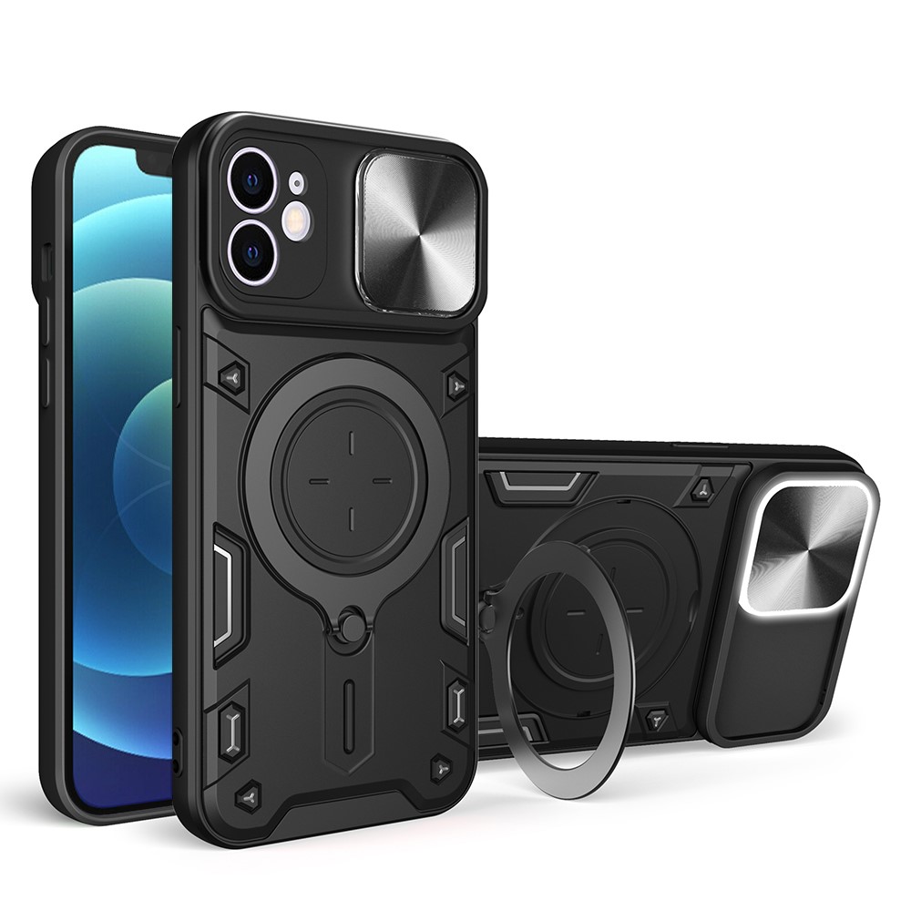 For iPhone 12 6.1 inch Slide Camera Lid Phone Case Rotatable Kickstand PC + TPU Shockproof Cover - Black