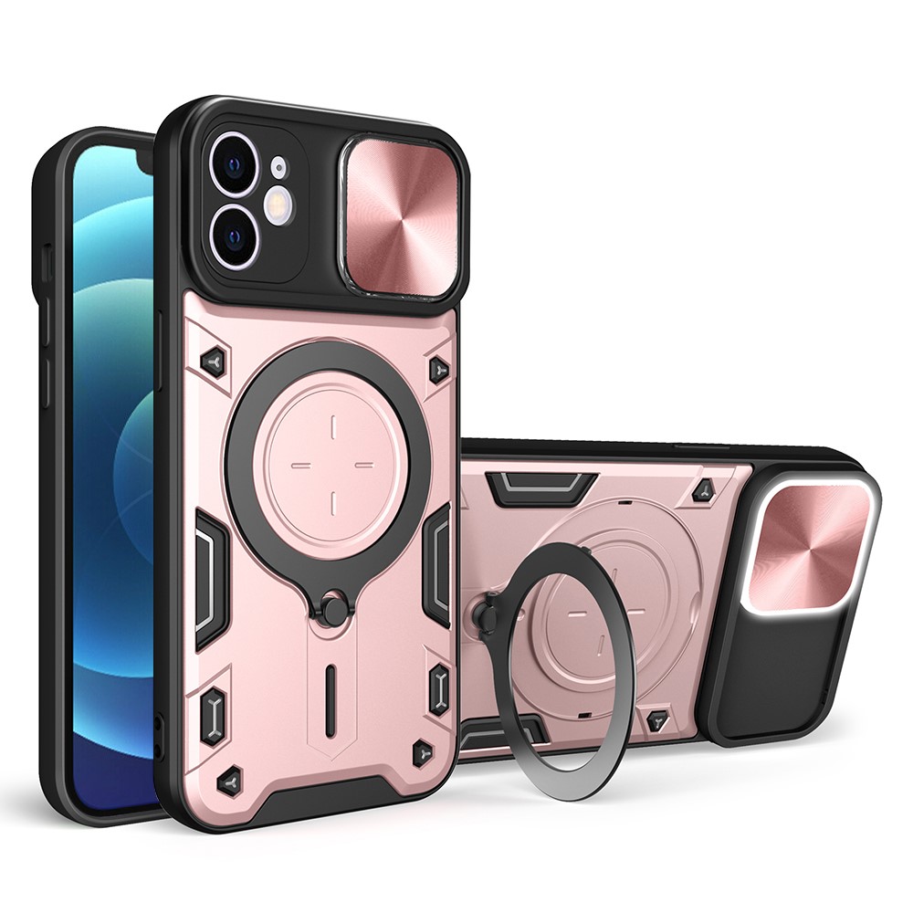 For iPhone 12 6.1 inch Slide Camera Lid Phone Case Rotatable Kickstand PC + TPU Shockproof Cover - Pink