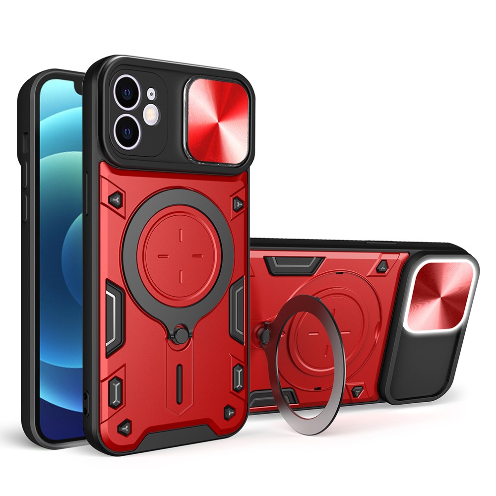 For iPhone 12 6.1 inch Slide Camera Lid Phone Case Rotatable Kickstand PC + TPU Shockproof Cover - Red