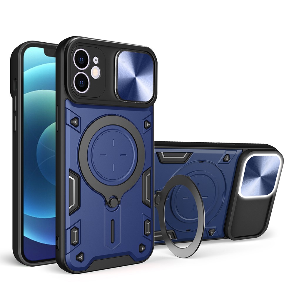 For iPhone 12 6.1 inch Slide Camera Lid Phone Case Rotatable Kickstand PC + TPU Shockproof Cover - Blue