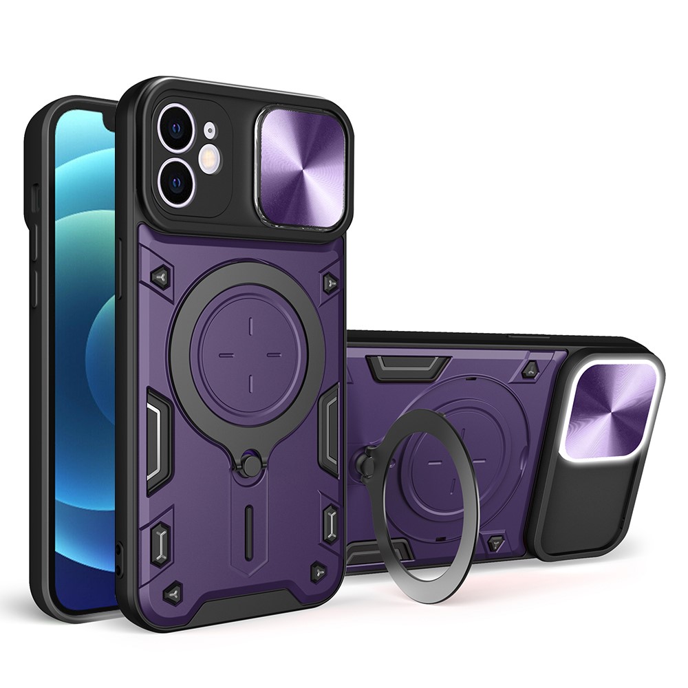 For iPhone 12 6.1 inch Slide Camera Lid Phone Case Rotatable Kickstand PC + TPU Shockproof Cover - Purple