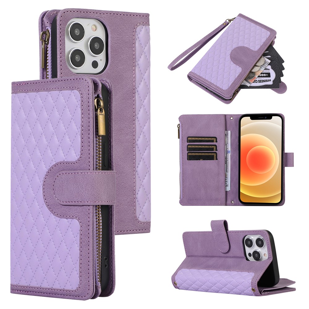 For iPhone 12 / 12 Pro 6.1 inch Zipper Pocket Leather Protective Shell Wallet Stand Phone Case with 9 Card Slots - Purple