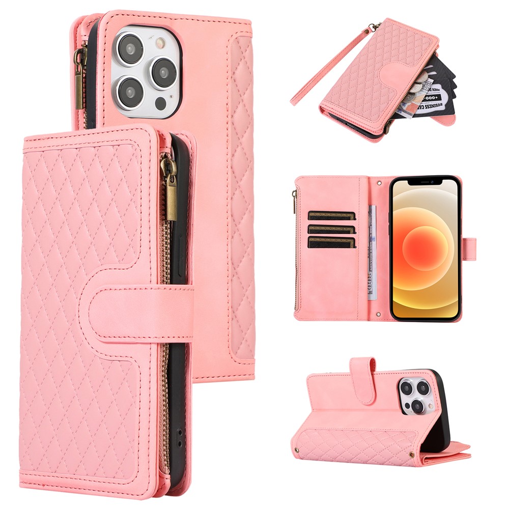 For iPhone 12 / 12 Pro 6.1 inch Zipper Pocket Leather Protective Shell Wallet Stand Phone Case with 9 Card Slots - Rose Gold