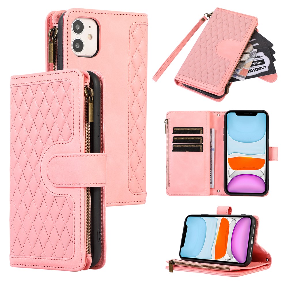 For iPhone 11 Zipper Pocket Leather Wallet Phone Case 9 Card Slots Rhombus Imprinted Stand Shell - Rose Gold