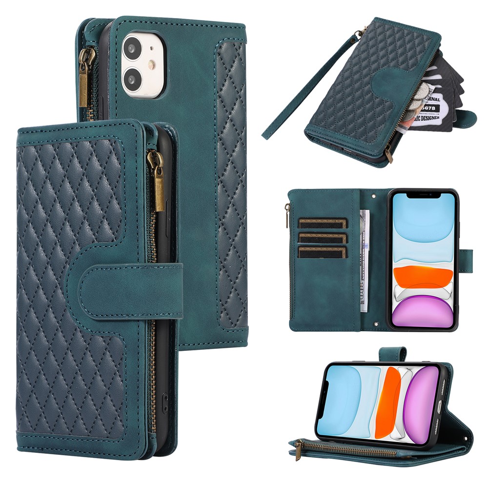 For iPhone 11 Zipper Pocket Leather Wallet Phone Case 9 Card Slots Rhombus Imprinted Stand Shell - Green