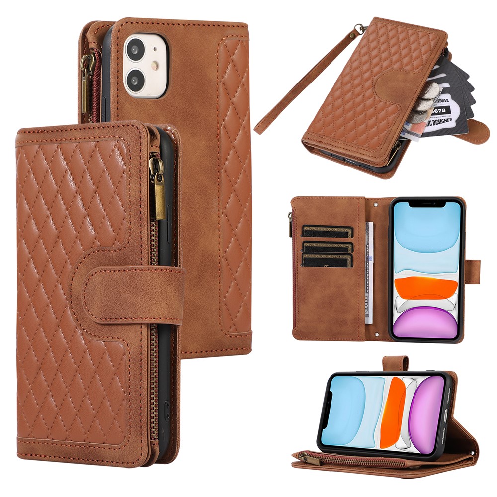 For iPhone 11 Zipper Pocket Leather Wallet Phone Case 9 Card Slots Rhombus Imprinted Stand Shell - Brown