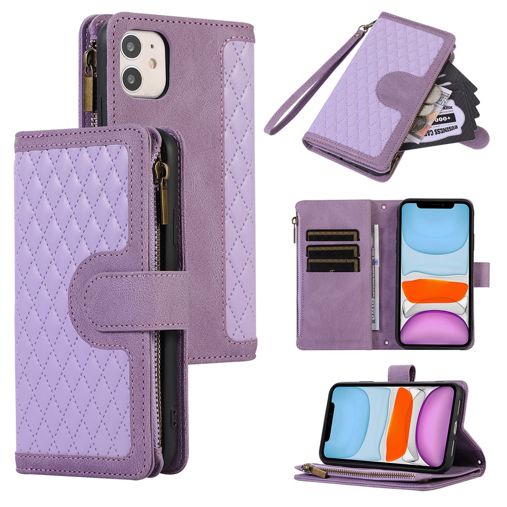 For iPhone 11 Zipper Pocket Leather Wallet Phone Case 9 Card Slots Rhombus Imprinted Stand Shell - Purple