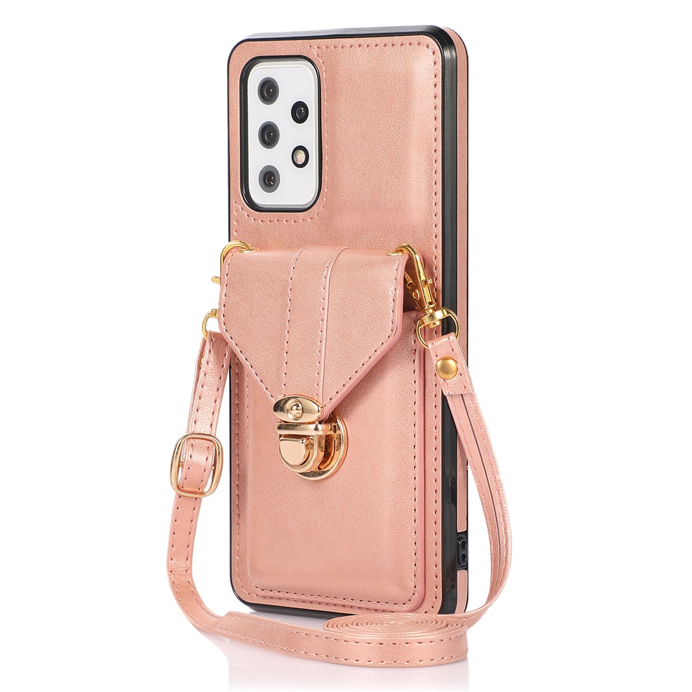 PU Leather+TPU Shell for Samsung Galaxy A72 4G / 5G Card Holder Back Case Phone Cover with Kickstand - Rose Gold