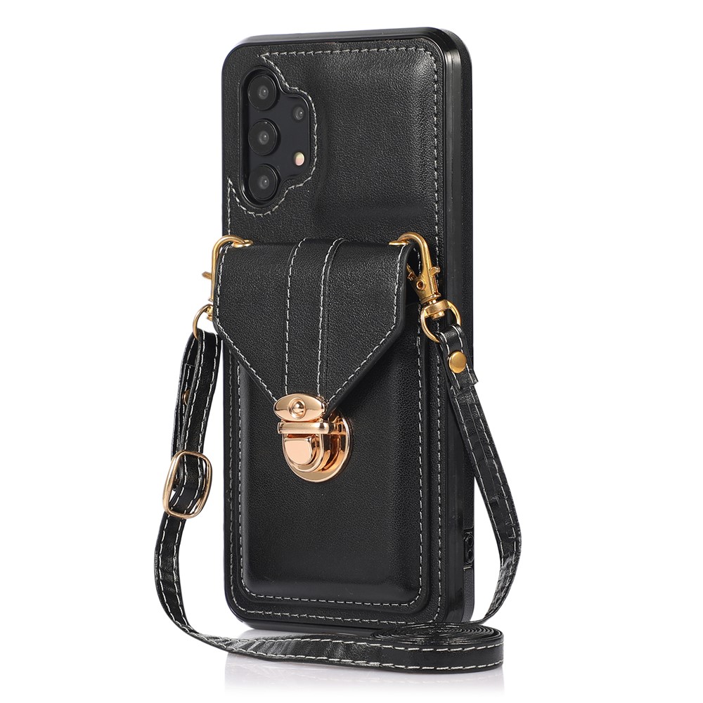 For Samsung Galaxy A32 4G (EU Version) Card Holder Case PU Leather+TPU Phone Cover with Kickstand - Black