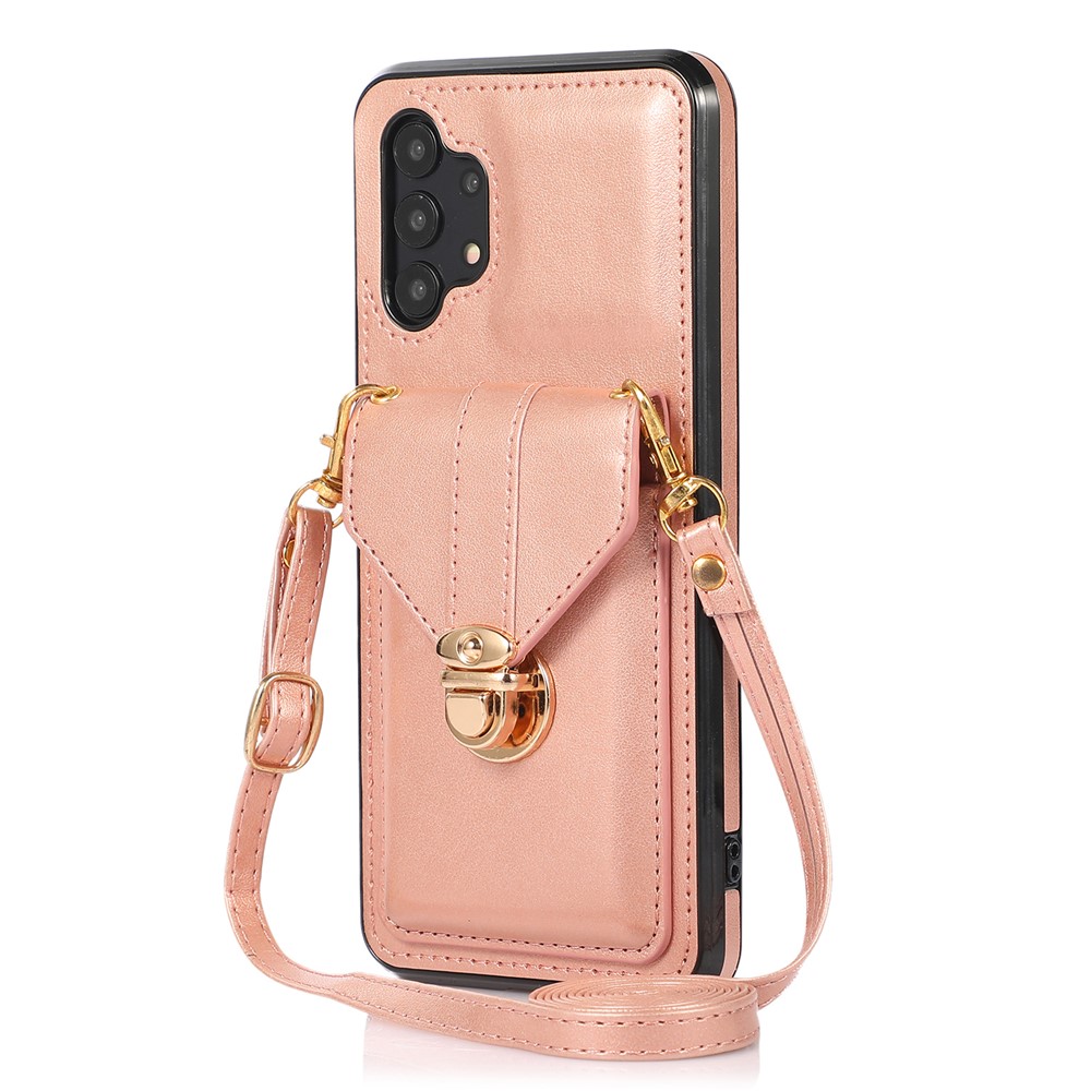 For Samsung Galaxy A32 4G (EU Version) Card Holder Case PU Leather+TPU Phone Cover with Kickstand - Rose Gold