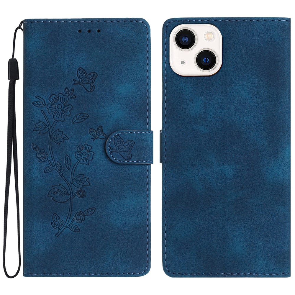For iPhone 13 mini 5.4 inch Leather Wallet Phone Cover Flower Imprinted Stand Mobile Case - Blue