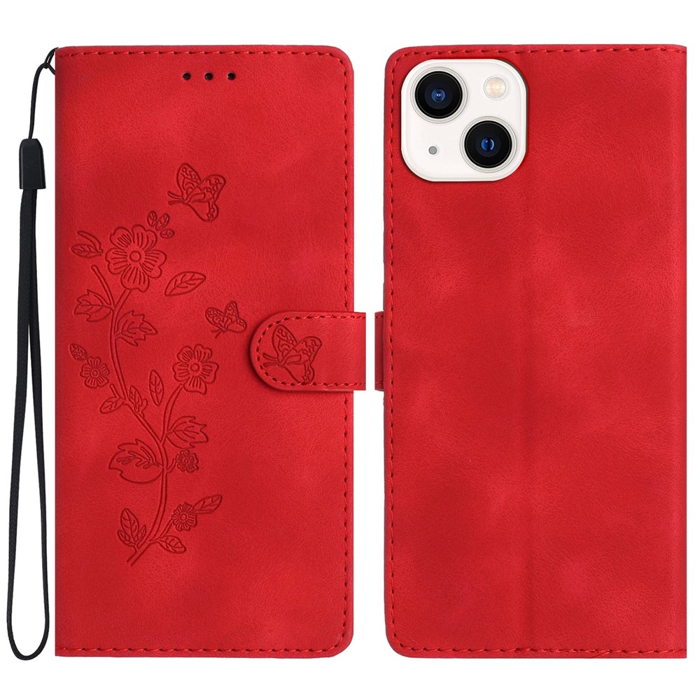 For iPhone 13 mini 5.4 inch Leather Wallet Phone Cover Flower Imprinted Stand Mobile Case - Red
