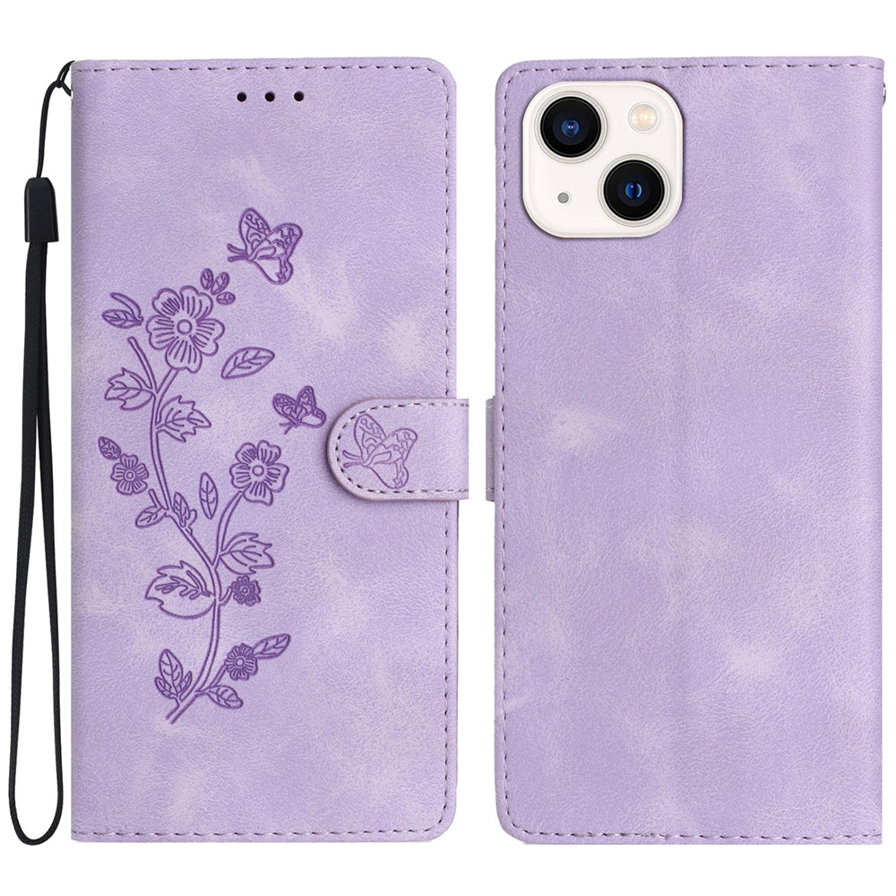 For iPhone 13 mini 5.4 inch Leather Wallet Phone Cover Flower Imprinted Stand Mobile Case - Purple