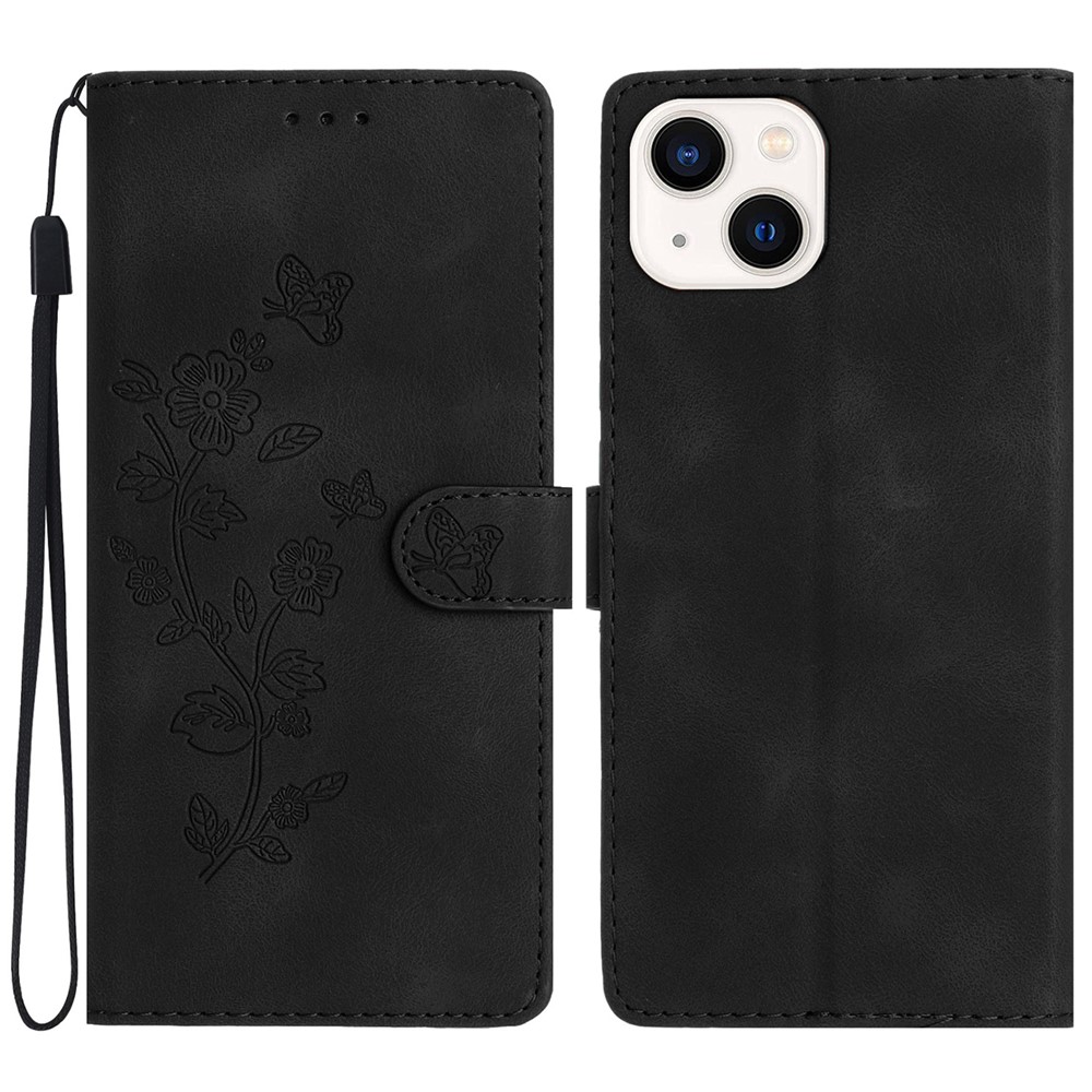 For iPhone 13 mini 5.4 inch Leather Wallet Phone Cover Flower Imprinted Stand Mobile Case - Black