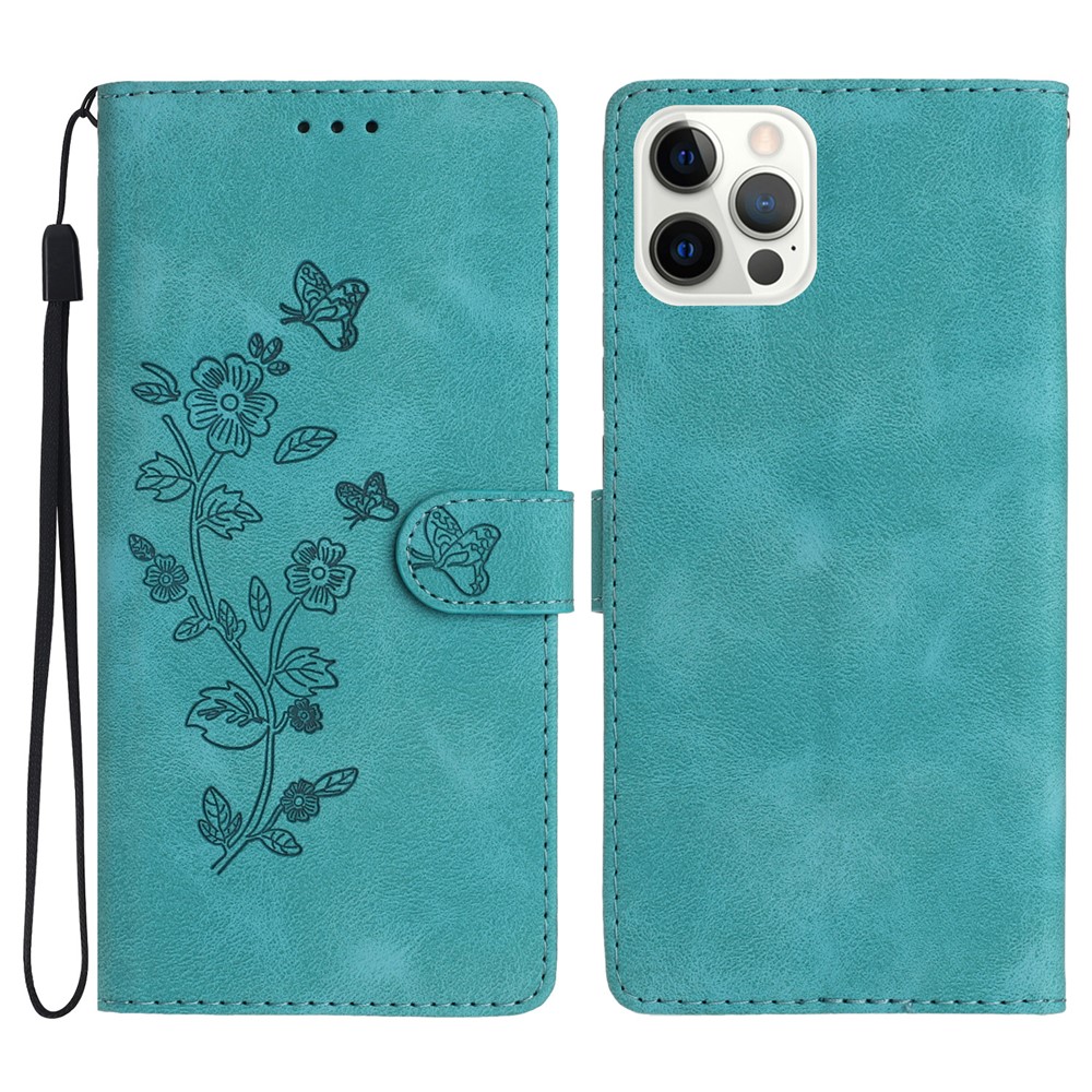 For iPhone 12 / 12 Pro 6.1 inch Flower Imprint Shockproof Cover Leather Wallet Stand Cell Phone Case - Sky Blue