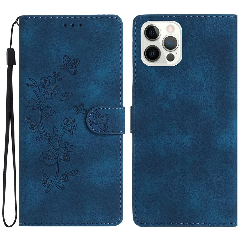 For iPhone 12 / 12 Pro 6.1 inch Flower Imprint Shockproof Cover Leather Wallet Stand Cell Phone Case - Blue