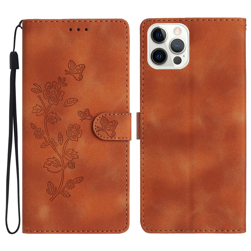 For iPhone 12 / 12 Pro 6.1 inch Flower Imprint Shockproof Cover Leather Wallet Stand Cell Phone Case - Brown