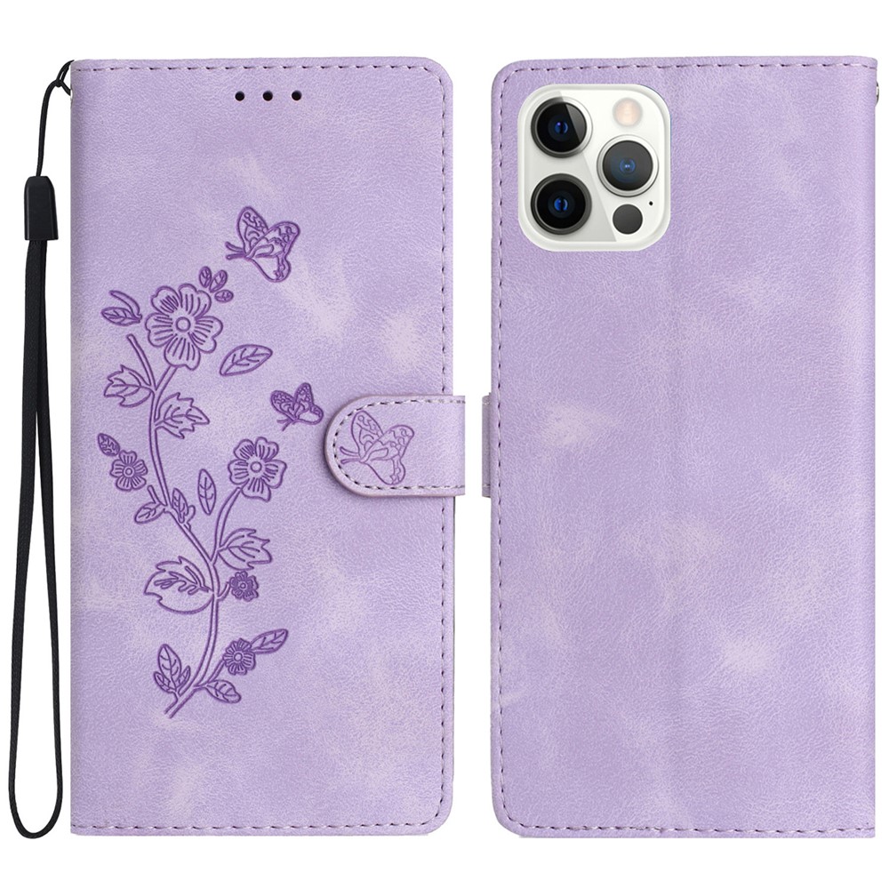 For iPhone 12 / 12 Pro 6.1 inch Flower Imprint Shockproof Cover Leather Wallet Stand Cell Phone Case - Purple